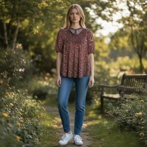 EUC KNOX ROSE Sz. M Black/Orange Floral Pullover Crew Neck Blouse